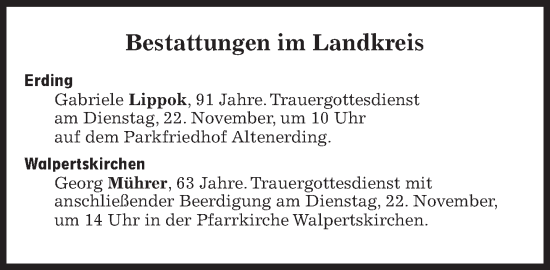 Traueranzeige von Bestattungen vom 22.11.2022 von Süddeutsche Zeitung