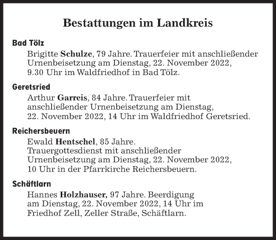 Traueranzeige von Bestattungen vom 22.11.2022 von Süddeutsche Zeitung