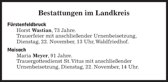 Traueranzeige von Bestattungen vom 22.11.2022 von Süddeutsche Zeitung