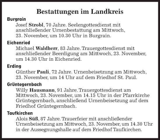 Traueranzeige von Bestattungen vom 23.11.2022 von Süddeutsche Zeitung