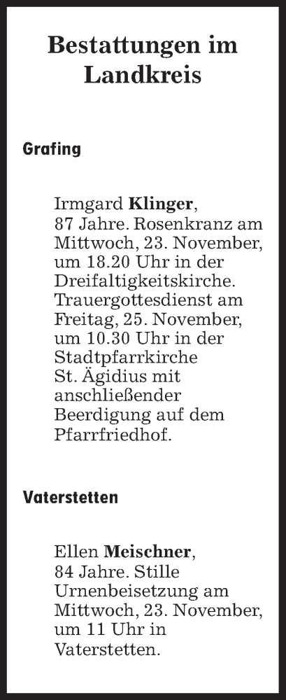 Traueranzeige von Bestattungen vom 23.11.2022 von Süddeutsche Zeitung