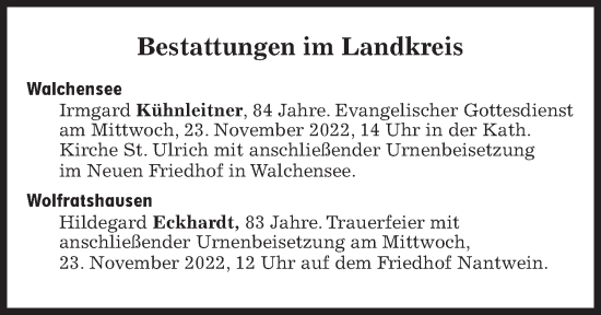 Traueranzeige von Bestattungen vom 23.11.2022 von Süddeutsche Zeitung