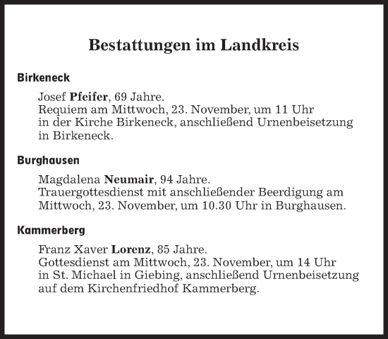 Traueranzeige von Bestattungen vom 23.11.2022 von Süddeutsche Zeitung