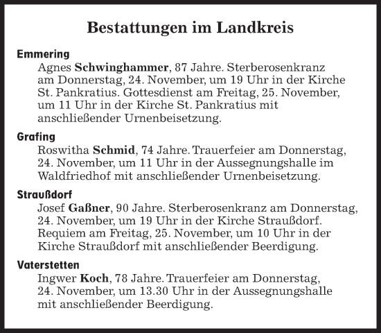 Traueranzeige von Bestattungen vom 24.11.2022 von Süddeutsche Zeitung