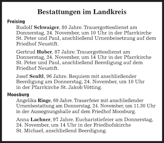 Traueranzeige von Bestattungen vom 24.11.2022 von Süddeutsche Zeitung