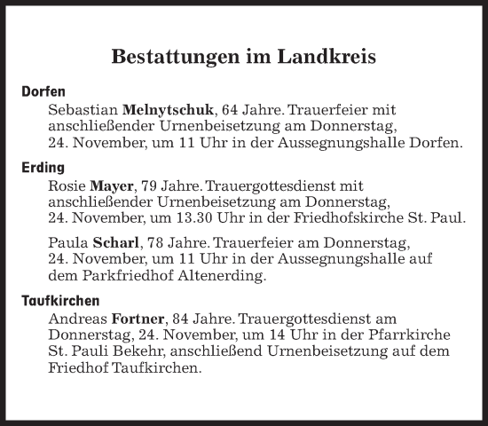 Traueranzeige von Bestattungen vom 24.11.2022 von Süddeutsche Zeitung