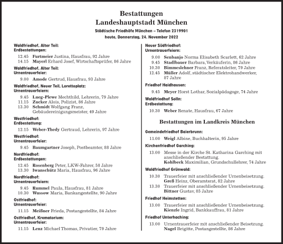 Traueranzeige von Bestattungen vom 24.11.2022 von Süddeutsche Zeitung