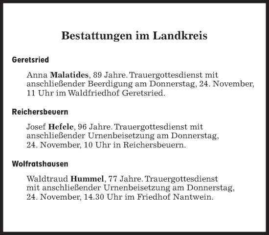 Traueranzeige von Bestattungen vom 24.11.2022 von Süddeutsche Zeitung