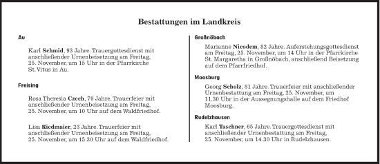 Traueranzeige von Bestattungen vom 25.11.2022 von Süddeutsche Zeitung