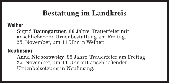 Traueranzeige von Bestattungen vom 25.11.2022 von Süddeutsche Zeitung