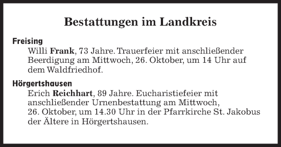 Traueranzeige von Bestattungen vom 26.10.2022 von Süddeutsche Zeitung