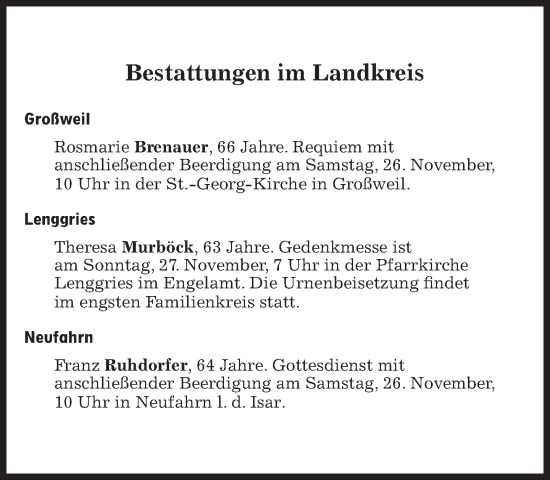 Traueranzeige von Bestattungen vom 26.11.2022 von Süddeutsche Zeitung