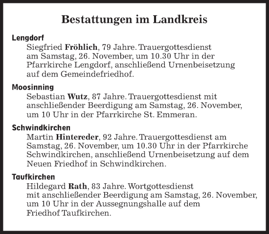 Traueranzeige von Bestattungen vom 26.11.2022 von Süddeutsche Zeitung