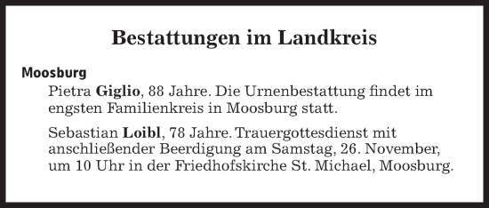 Traueranzeige von Bestattungen vom 26.11.2022 von Süddeutsche Zeitung