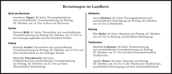 Traueranzeige von Bestattungen vom 28.10.2022 von Süddeutsche Zeitung