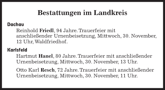 Traueranzeige von Bestattungen vom 30.11.2022 von Süddeutsche Zeitung