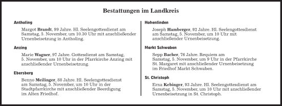 Traueranzeige von Bestattungskalender vom 05.11.2022 von Süddeutsche Zeitung