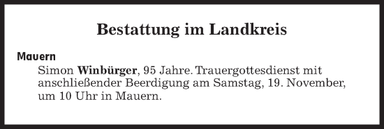 Traueranzeige von Bestattungskalender vom 19.11.2022 von Süddeutsche Zeitung