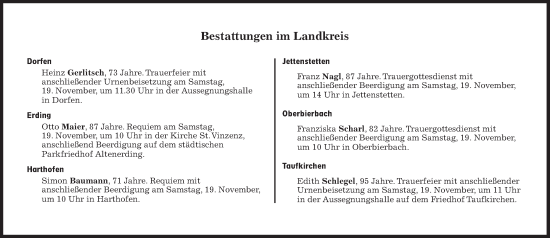 Traueranzeige von Bestattungskalender vom 19.11.2022 von Süddeutsche Zeitung