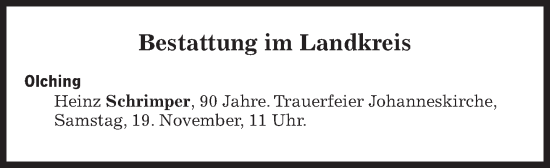 Traueranzeige von Bestattungskalender vom 19.11.2022 von Süddeutsche Zeitung