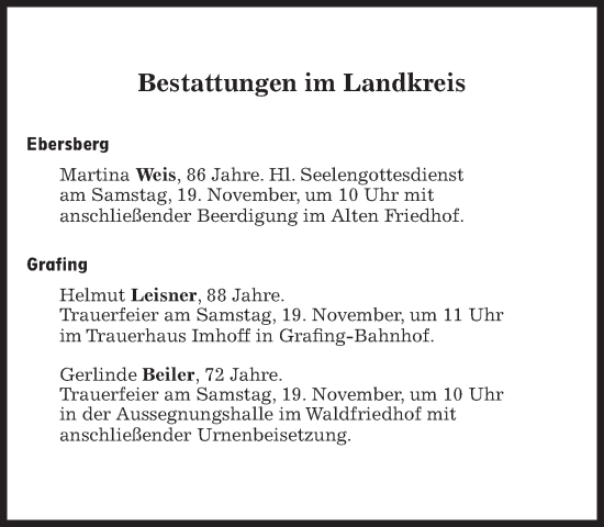 Traueranzeige von Bestattungskalender vom 19.11.2022 von Süddeutsche Zeitung