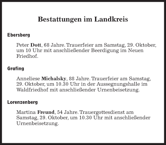 Traueranzeige von Bestattungskalender vom 29.10.2022 von Süddeutsche Zeitung