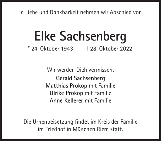 Traueranzeige von Elke Sachsenberg von Süddeutsche Zeitung