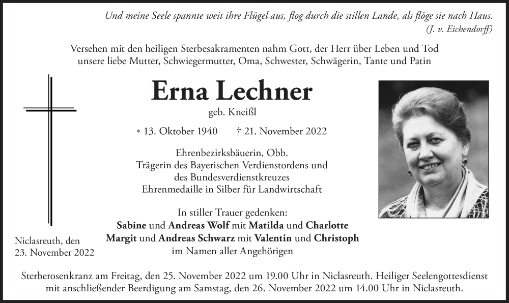  Traueranzeige für Erna Lechner vom 23.11.2022 aus Süddeutsche Zeitung