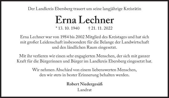 Traueranzeige von Erna Lechner von Süddeutsche Zeitung