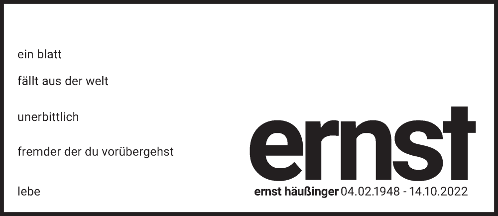  Traueranzeige für Ernst Häußinger vom 05.11.2022 aus Süddeutsche Zeitung