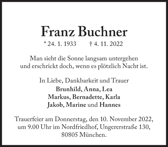 Traueranzeige von Franz Buchner von Süddeutsche Zeitung
