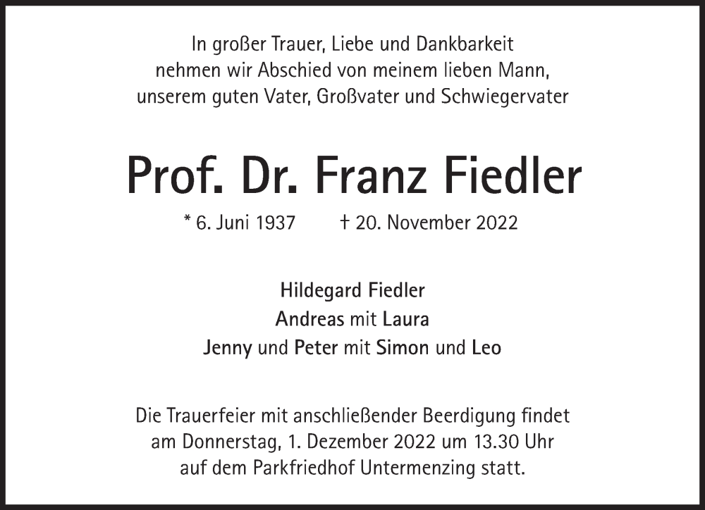  Traueranzeige für Franz Fiedler vom 26.11.2022 aus Süddeutsche Zeitung