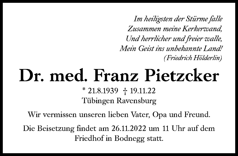  Traueranzeige für Franz Pietzcker vom 23.11.2022 aus Süddeutsche Zeitung