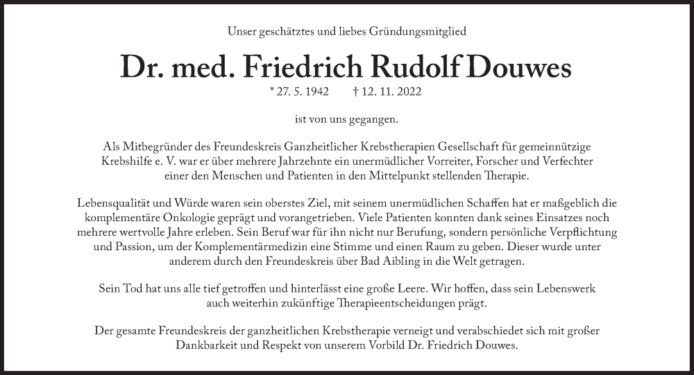  Traueranzeige für Friedrich Rudolf Douwes vom 15.11.2022 aus Süddeutsche Zeitung