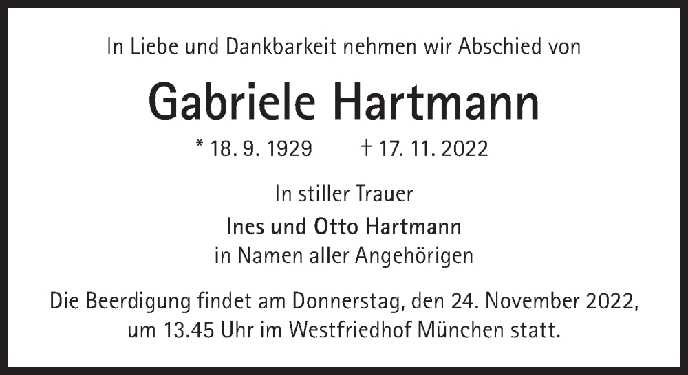  Traueranzeige für Gabriele Hartmann vom 19.11.2022 aus Süddeutsche Zeitung