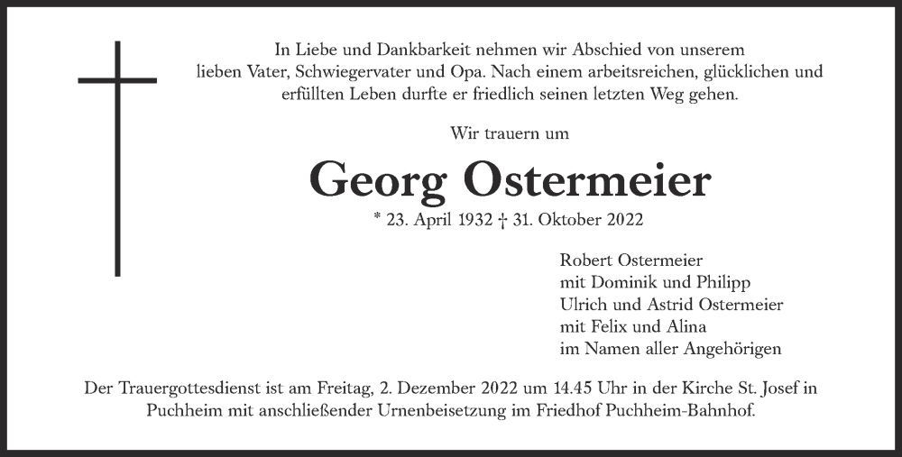  Traueranzeige für Georg Ostermeier vom 26.11.2022 aus Süddeutsche Zeitung
