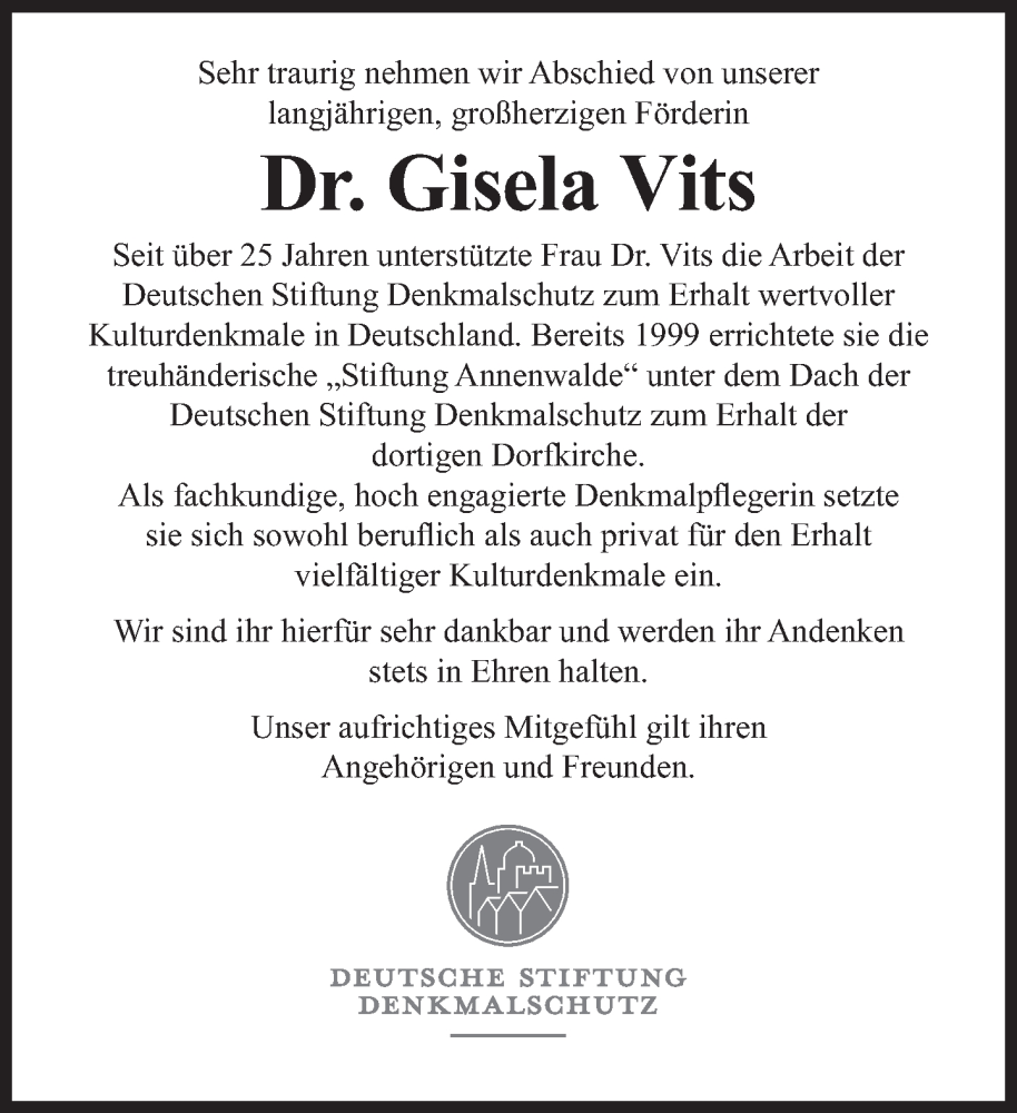  Traueranzeige für Gisela Vits vom 26.11.2022 aus Süddeutsche Zeitung