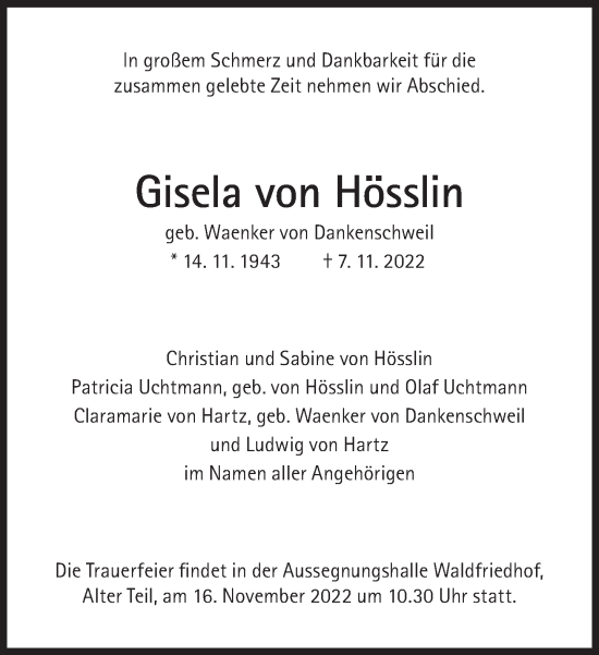 Traueranzeige von Gisela von Hösslin von Süddeutsche Zeitung