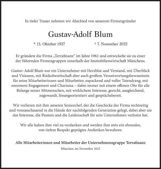 Traueranzeige von Gustav-Adolf Blum von Süddeutsche Zeitung