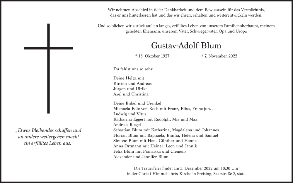  Traueranzeige für Gustav-Adolf Blum vom 19.11.2022 aus Süddeutsche Zeitung