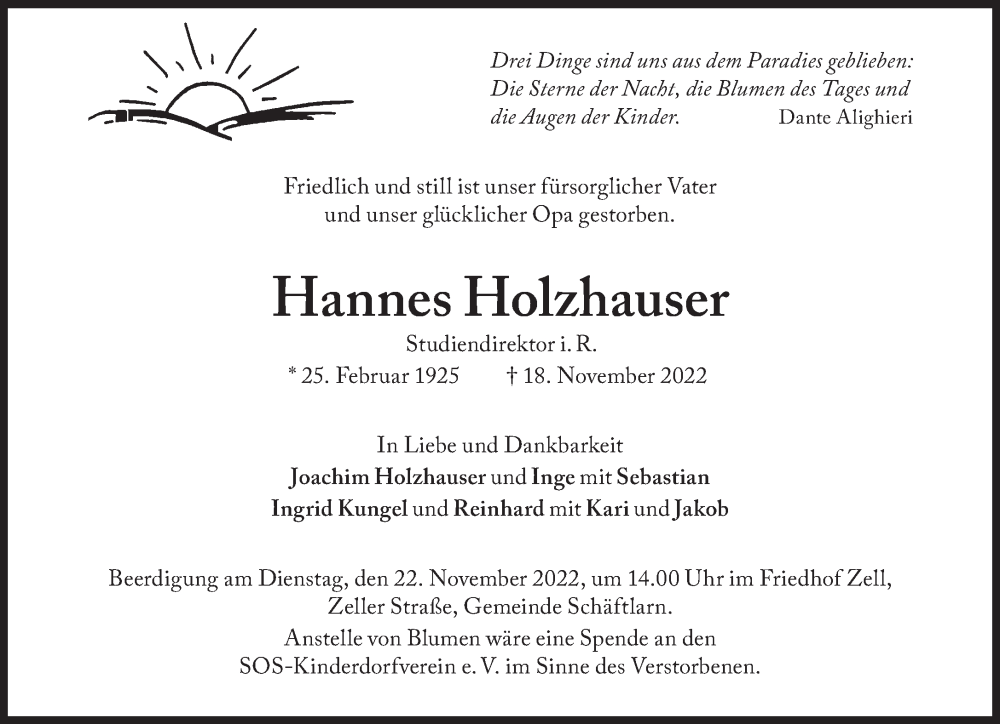  Traueranzeige für Hannes Holzhauser vom 22.11.2022 aus Süddeutsche Zeitung