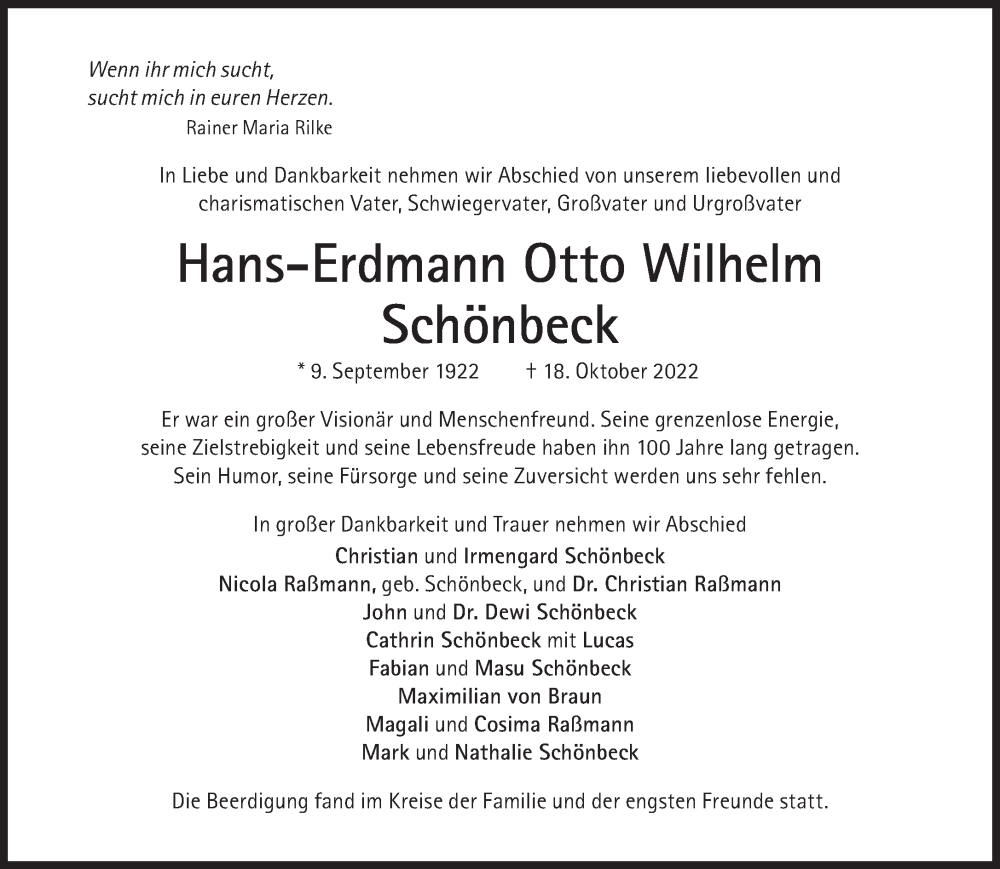  Traueranzeige für Hans-Erdmann Otto Wilhelm Schönbeck vom 29.10.2022 aus Süddeutsche Zeitung