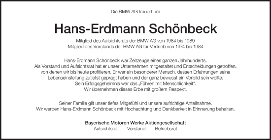 Traueranzeige von Hans-Erdmann Otto Wilhelm Schönbeck von Süddeutsche Zeitung