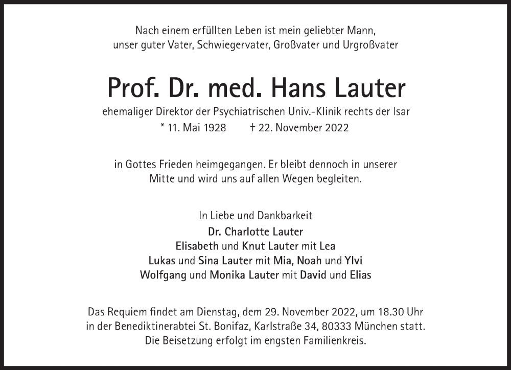  Traueranzeige für Hans Lauter vom 26.11.2022 aus Süddeutsche Zeitung