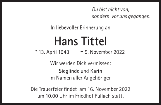 Traueranzeige von Hans Tittel von Süddeutsche Zeitung