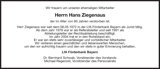 Traueranzeige von Hans Ziegenaus von Süddeutsche Zeitung