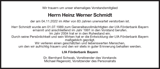 Traueranzeige von Heinz Werner Schmidt von Süddeutsche Zeitung