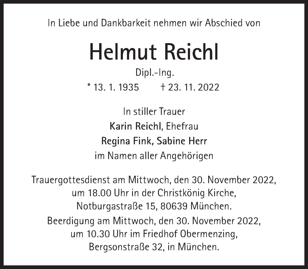  Traueranzeige für Helmut Reichl vom 26.11.2022 aus Süddeutsche Zeitung