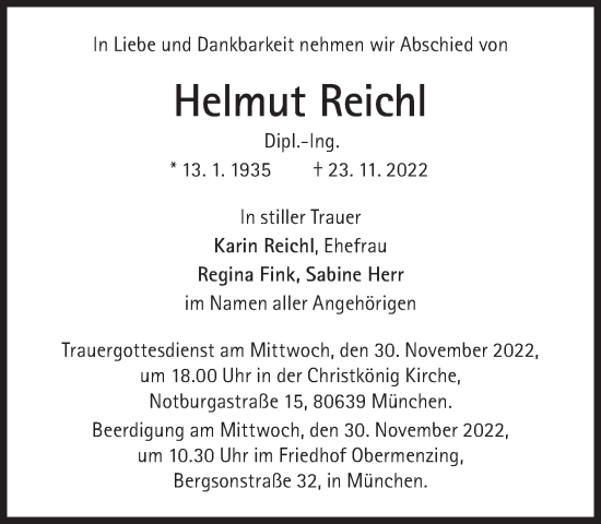 Traueranzeige von Helmut Reichl von Süddeutsche Zeitung