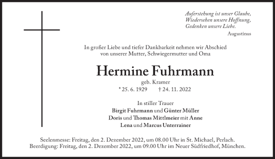 Traueranzeige von Hermine Fuhrmann von Süddeutsche Zeitung